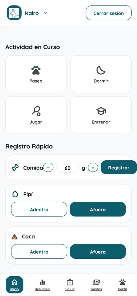 Pantalla de inicio con los botones de Paseo, Dormir, Jugar y Entrenar