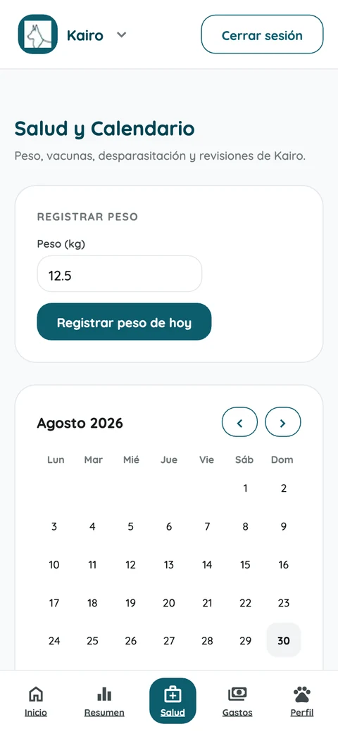Salud y calendario con registro de peso y calendario mensual